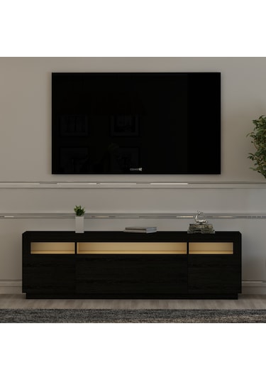 T005 Asil Led Işıklı Tv Sehpası Ahşap Siyah Siyah