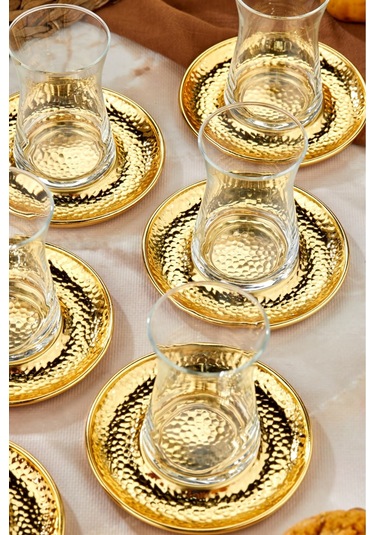 Cooker 6'lı Metal Dövme Desen Çay Tabağı Gold Ckr3577 Gold