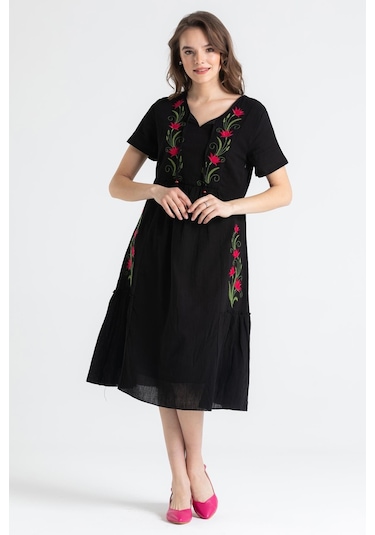 Kısa Kol Şile Bezi Lalezar Nakışlı Midi Boy Elbise Siyah Syh-siyah Siyah