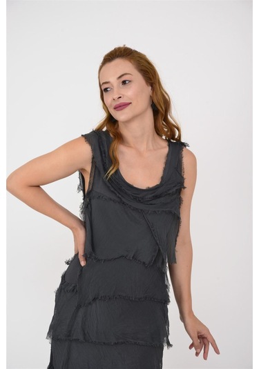 Italyan 2 Beden İnce Gösteren Kat Kat Kolsuz Ipek Elbise Antrasit