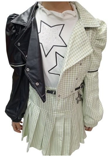 Kız Çocuk Deri Detaylı Yeşil Renk Üçlü Etekli Takım Yeşil