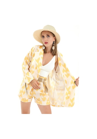 Kemerli Desenli Oversize Blazer Ceket - Sarı-sarı Sarı