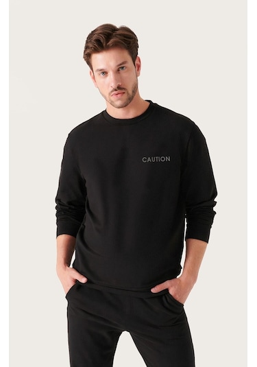 Erkek Siyah Oversize Caution Baskılı Bisiklet Yaka Sweatshirt Siyah