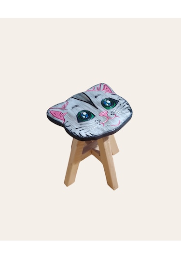 Sevimli Kedim Tamamı Ahşap El Yapımı Çocuk Taburesi