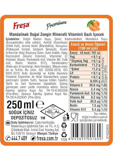 Freşa Premium Mandalinalı Vitaminli Maden Suyu 250 Ml X 24 Adet