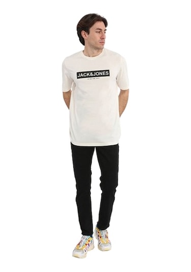Jack & Jones Pin 12249605 Logo Baskılı Erkek Tişört Beyaz