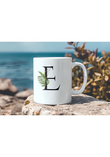 E Harf Zarif Yaprak Desenli Kupa Bardak - Naturel Sade Alfabe Harfli Bardak - Kişiye Özel Hediye Beyaz