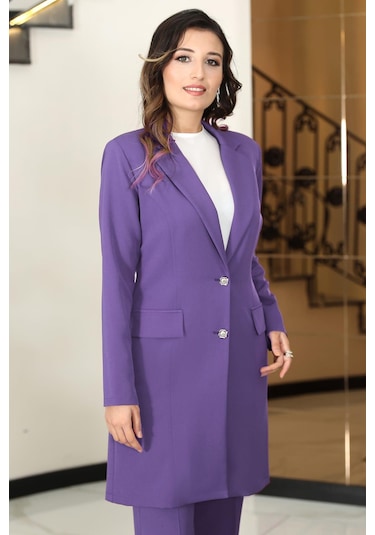 Parla Uzun Ceket Pantolon İkili Tesettür Takım Lavanta Lavanta