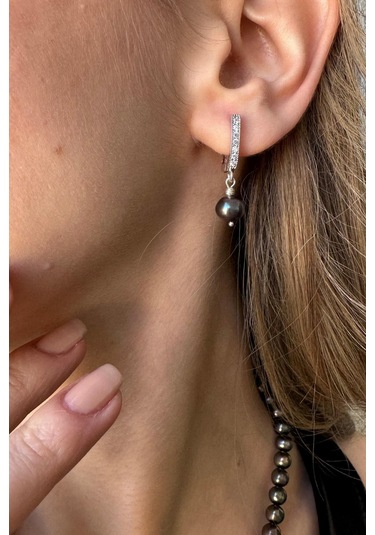 8,5 Mm Zirkon Taşlı Halka Kilitli Doğal İnci Küpe Kolye Bileklik Üçlü Set 45 Cm / Rose Gümüş