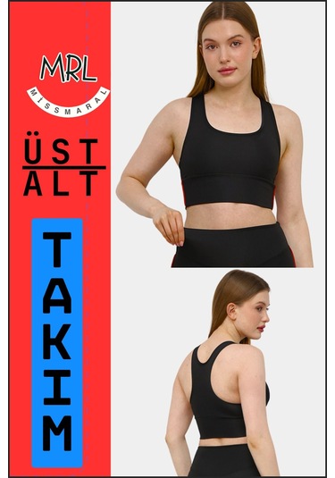 Kadın Siyah Takım Alt-üst Kısa Şort-tayt Ve Pedli Sporcu Büstiyer 2li Set Kırmızı Biyeli Elt3043 Siyah Kırmızı