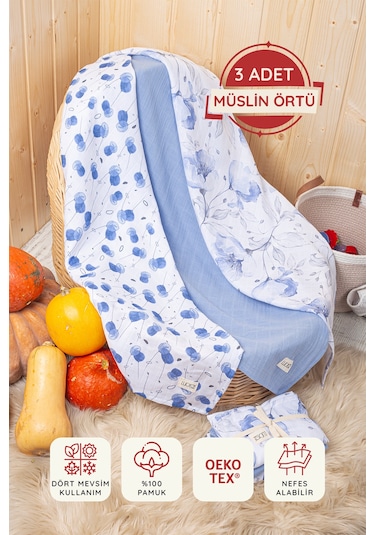 Luckka Dijital Baskılı 3'lü Müslin Örtü Seti - 75x75 Cm - Zt5000 Mavi Mavi