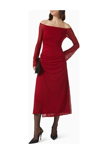 Eegen Studio Boat - Neck Midi Elbise - Rib - Knit, Uzun Kol & Toplanmış Bel Kırmızı