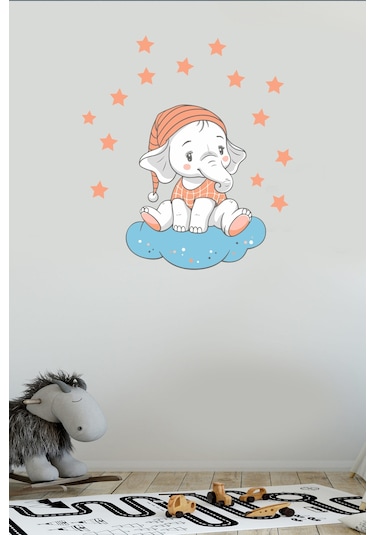 Bulutta Oturan Sevimli Fil ve Yıldızlar Çocuk Odası Duvar Sticker