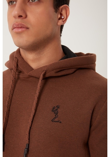 Polostate Erkek İskelet Nakışlı 3 İplik Sweatshirt Kahverengi
