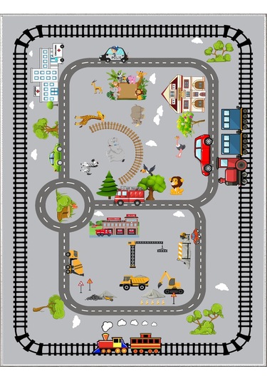 Trafik Tren Çocuk Oyun Halısı Kaymaz Makinede Yıkanabilir