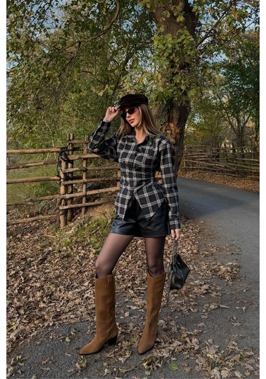 Siyah Bağlama Detaylı Ekoseli Gömlek - 25250 Siyah