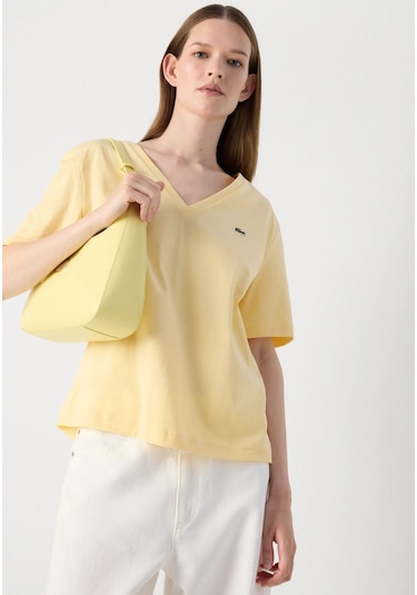 Lacoste V Yaka Organik Pamuk Bayan T-shirt Sarı