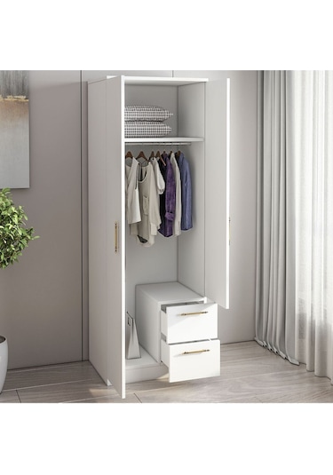 Merlin 2 Kapaklı, Çekmeceli Gardırop, Yatak Odası Dolap, Elbise Dolabı İstanbul Ceviz - 172 Cm / Beyaz