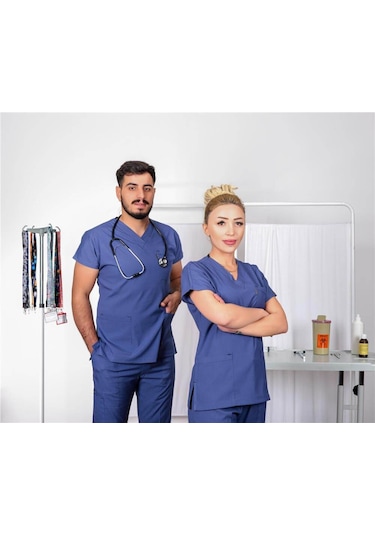 Likralı Cerrahi Forma Unisex Hemşire Doktor Sağlıkçı Forması Scrubs Üniforma Fırtına Mavisi