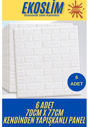 70x77 Cm 6 Adet Ekoslim 2mm Kendinden Yapışkanlı Sünger Beyaz Tuğla Duvar Paneli Kağıdı