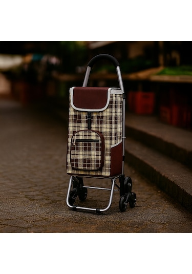 3 Tekerlekli Katlanır Desenli Alüminyum Pazar Arabası Su Geçirmez Kahverengi