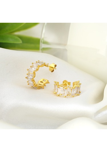 Gümüş 14k Altın kaplama Baget taşlı Tamtur Halka küpe