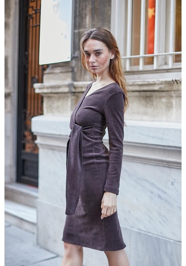 Kadın Hafif Likralı Triko Kruvaze Anvelop Bağcıklı Uzun Kol Diz Altı Uzun Elbise-kahve Kahve