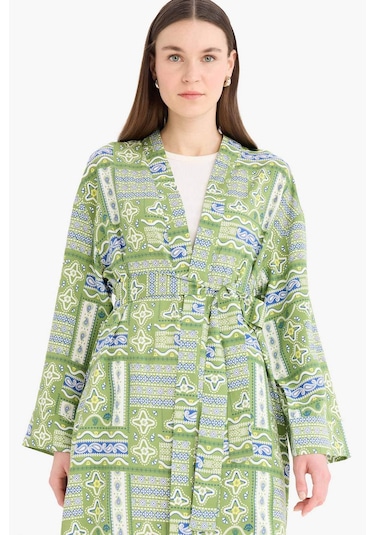 Defacto Relax Fit Bisiklet Yaka Desenli Viskon Kimono E7262ax25smgn706 Yeşil