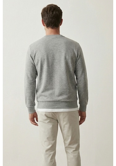 Elemge Pamuklu Erkek Sweatshirt Gri Soft Touch Relax Fit Basic Bisiklet Yaka 3 Iplik Nefes Alan
