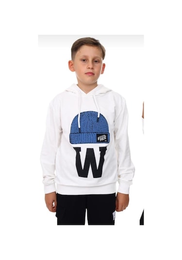 Çocuk Bere Baskılı Ve İşlemeli Kapüşonlu Sweatshirt-13410-beyaz Beyaz