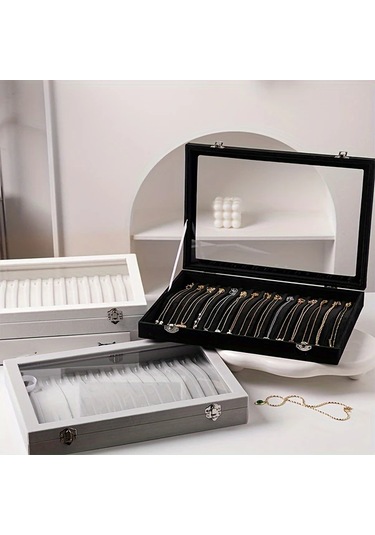 Willowhaven Siyah Mücevher Organizatörü: 20 Kancalı Şeffaf Kapaklı Kadife Tepsili Kolye Askısı