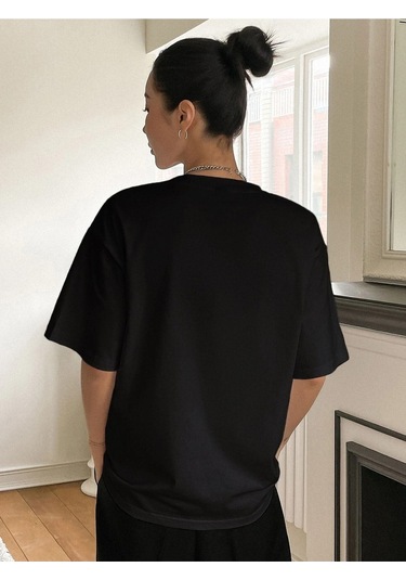 Kadın Siyah Oversize Classical Baskılı Örme T-shirt Siyah