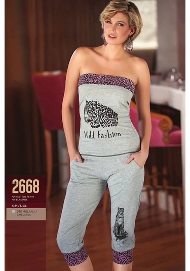 Leopar Desenli Straplez Takım Gri Melanj