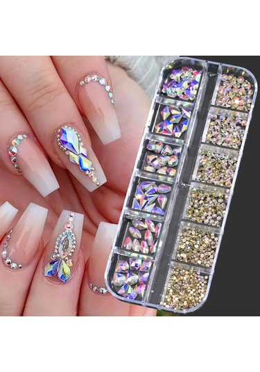 1200pc + Safir Mavi Nail Art Rhinestones 12grid Çok Şekiller Kristal Taşlar Tırnak Takılar Flatback Yuvarlak Boncuk Cam Elmas Taş Green