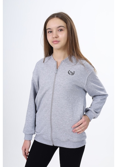 Toontoy Kız Çocuk Kolej Yaka Fermuarlı Cepli Düşük Omuz Baskılı Örme Hırka - 2 İplik Şardonlu Gri Melanj
