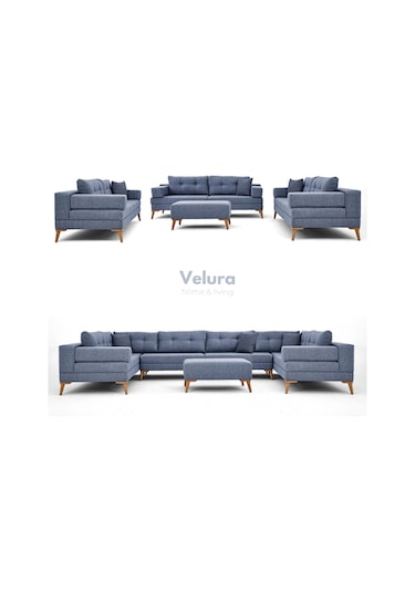 Zeri 3+3+3 Yataklı Puzzle Modüler U Köşe Koltuk Takımı & Puflu Köşe Takımı - Mavi 119 Mavi