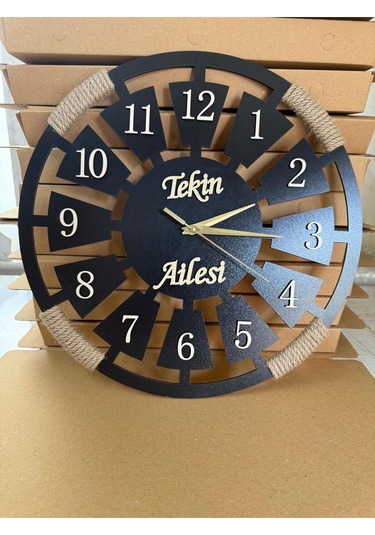Özel İsimli Ahşap Dekoratif Halatlı Duvar Saati Siyah
