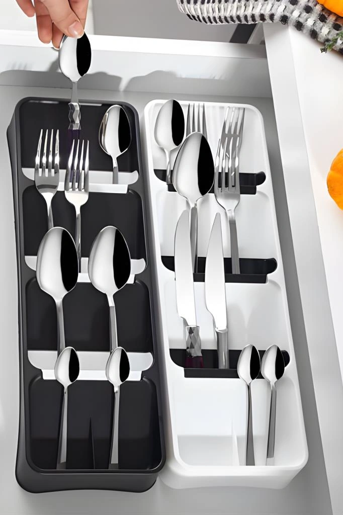 2 Adet 4 Bölmeli Kaşıklık, Çatal Kaşık Bıçak Kepçe Sofra Gereçleri Çekmece İçi Düzenleyici 2 Li Set Beyaz Siyah
