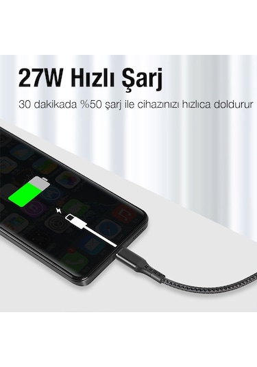 Ally 36440 27 W 1 M Type-c To Lightning Hızlı Data Ve Şarj Kablosu Siyah