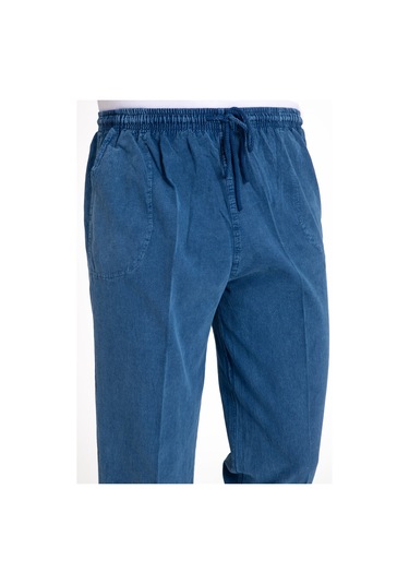 Erkek Ham Bez Lastikli Yüksek Bel Rahat Kalıp %100 Natural Pamuk Eşofman Alt Pantolon Alt Giyim 2188-Mavi