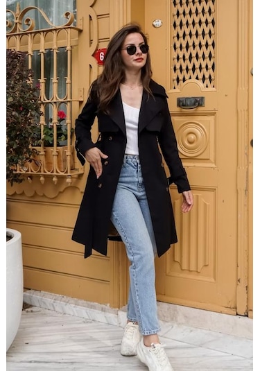 Pastelastore %100 Pamuk Gabardin Midi 95cm Astarlı Kemerli Kadın Trençkot 1113 Siyah