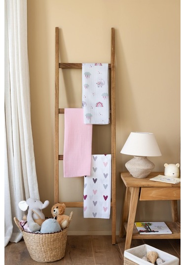 Çok Amaçlı Müslin Örtü & Battaniye 3'lü Set Pamuk Oeko-teks Sertifikalı 80x80 CM Beyaz - Pembe