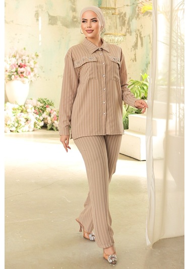 Taşlı Keten Tunik Pantolon İkili Takım 834 - Taş