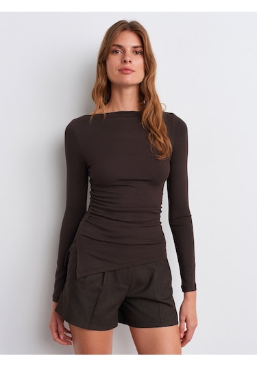 Dilvin 32198 Kayık Yaka Büzgülü Top-koyu Kahve Koyu Kahve