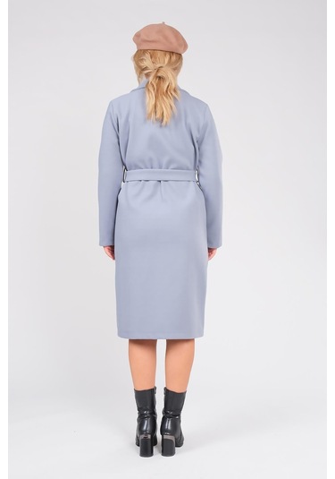 Giyim Dünyası Kadın Astarsız Kuşaklı Kaşe Kaban İndigo 001