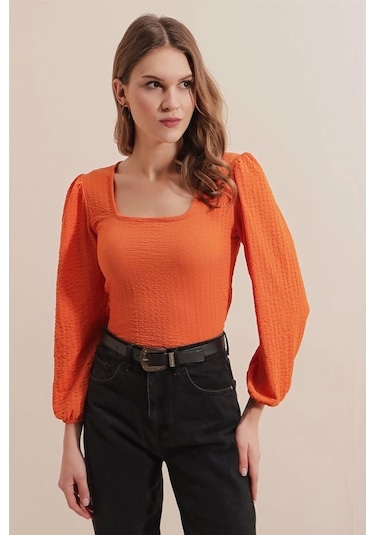 Defymoda 0442 Uzun Kollu Bluz - Turuncu Turuncu
