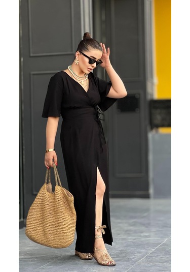 Siyah Çift Bel Bağlamalı Maxi Boy Elbise Siyah