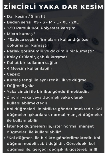 Siyah Düğmeli Yaka Ve Zincirli Uzun Kol Dar Kesim Micro Kumaş Kol Düğmeli Slim Fit Erkek Gömlek - 198-6 001