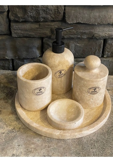 Bej Traverten Doğaltaş 5'li Banyo Seti Beyaz