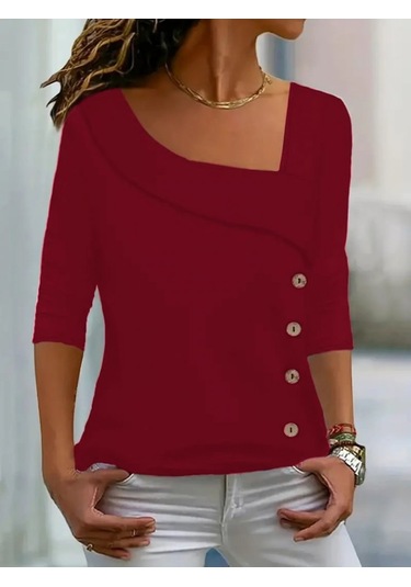 Kadın Uzun Kollu Geometrik Yaka Detay Yandan Düğmeli Viskon Iki Iplik Bluz Bordo